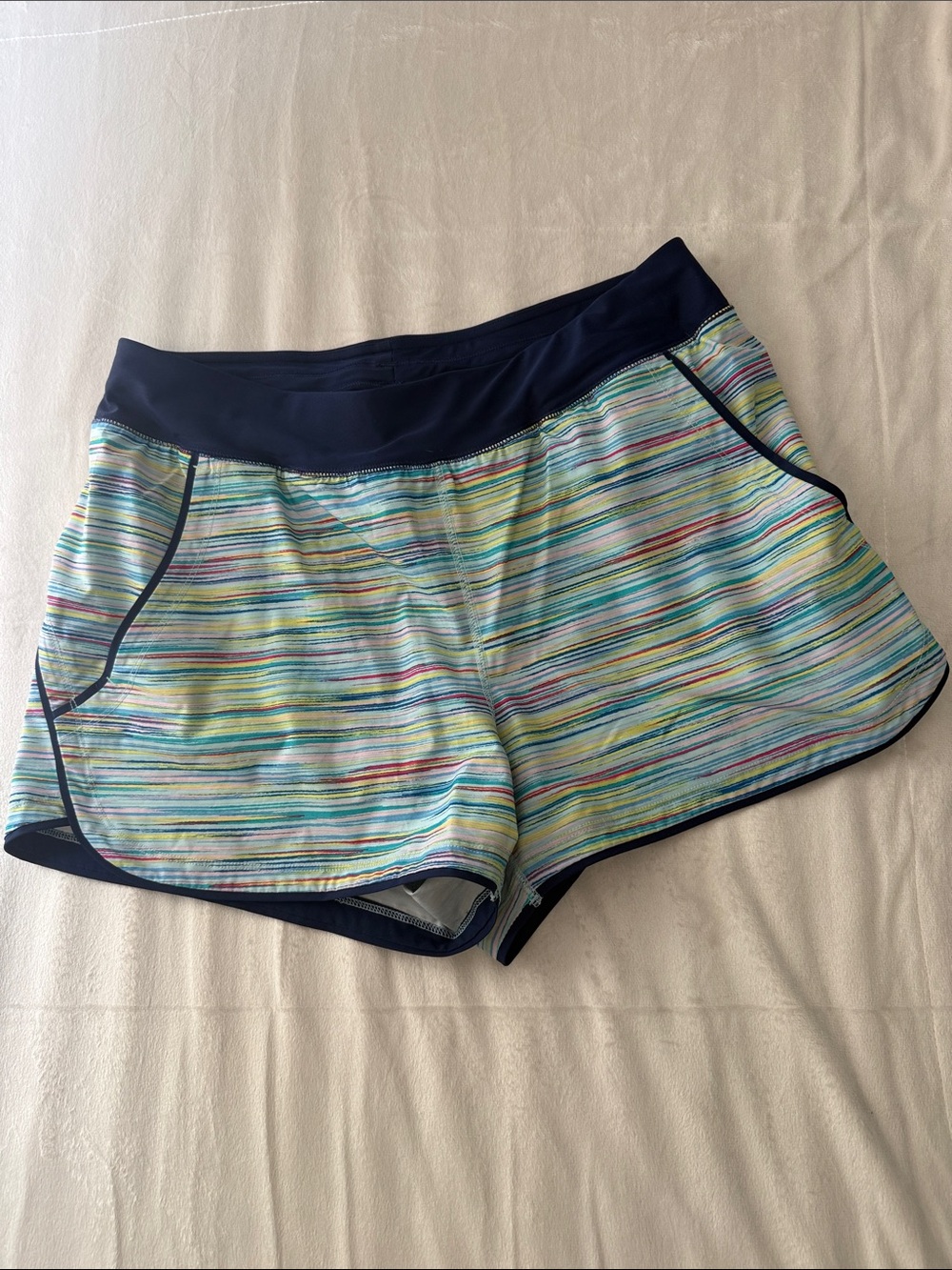 Lands' End Multicolor Striped Athletic Swim Shorts with Navy Waist Size 12
